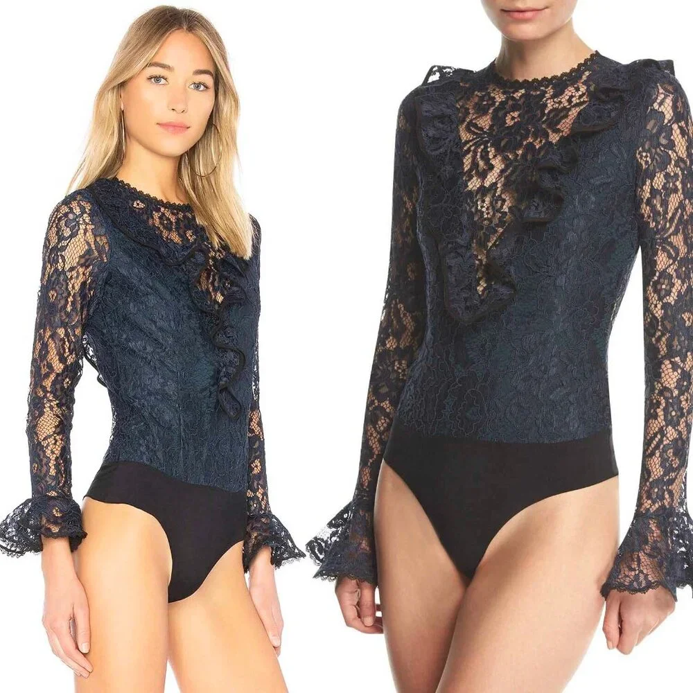 Alexis Womens Pollie Illusion Voulant Bodysuit Lace Top Blouse Navy - NWT M